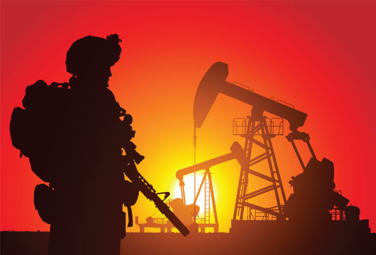 bigstock US soldier with oil rigs on th 30797705